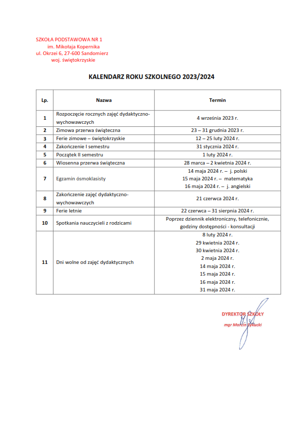 Kalendarz Roku szkolnego 2023 2024